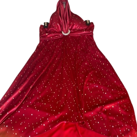 My Michelle Red and Silver Sparkle Satin Cocktail Formal Halter Hi-Lo Dress - Picture 5 of 9